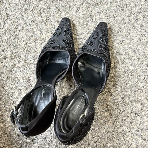 Vtg Nine West Black Kitten Heels Pointed Toe Ankle Strap Formal Beaded Y2K 7.5 M - Picture 10 of 13